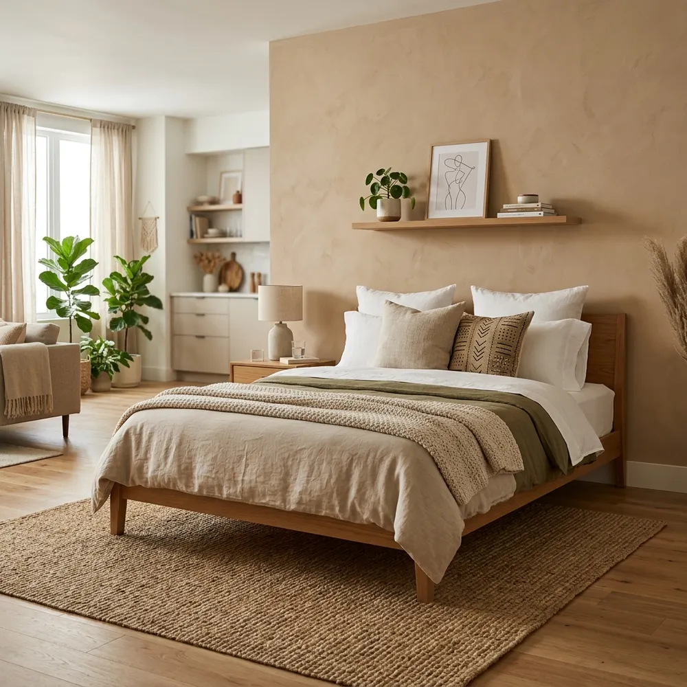 Detailed view of soft beige color palette home decor with light-reflective paint tones in a compact modern home.