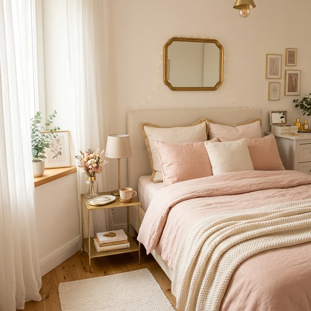 Beautiful bedroom styled with soft blush pink linen sheets and a matching wooden bedside table