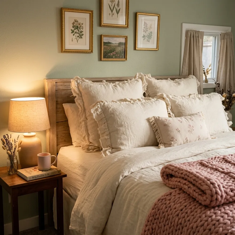 Textured bedding layers showing ruffled cream linen pillows and a pink knit throw blanket