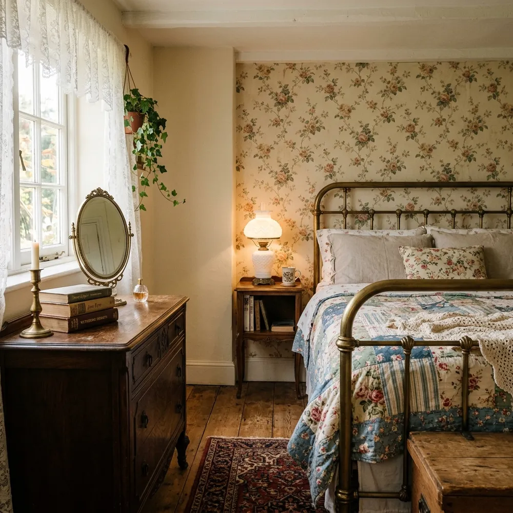 Charming vintage small bedroom with antique brass bed and floral wallpaper